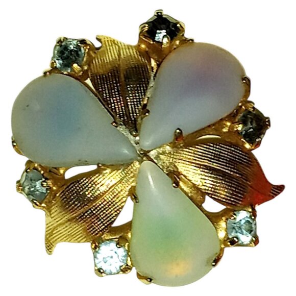 VINTAGE Opalescent Frosted Glass Flower Clip On Earrings Gold Tone Rhinestones - Picture 2 of 11